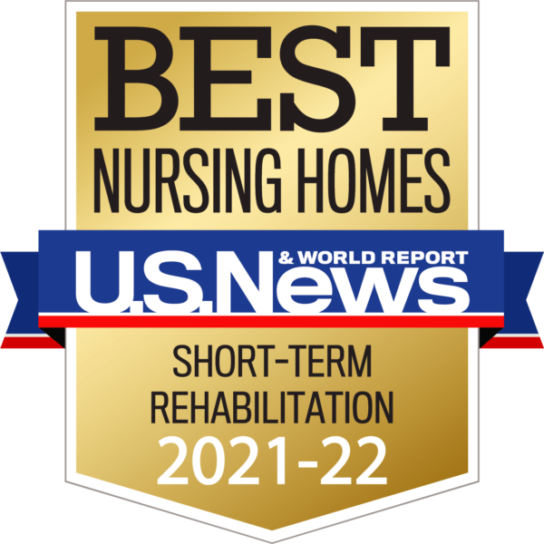 Badge with a gold background and black, white, red, and blue accents, showing that Bella Terra Bloomingdale is recognized as one of the best nursing homes for short-term rehabilitation for 2021-22 by U.S. News & World Report.