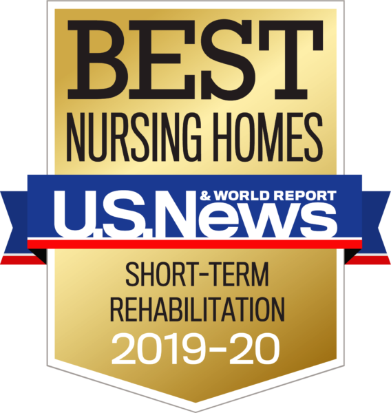 A badge indicating Bella Terra Bloomingdale is recognized as one of the best nursing homes for short-term rehabilitation in 2019-20, awarded by U.S. News & World Report.