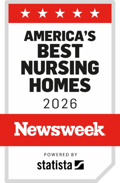 A red, white, and black graphic displaying "America's Best Nursing Homes 2026," with five white stars at the top, the Newsweek logo in red, and the phrase "Powered by Statista" at the bottom.