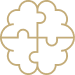 Abstract icon with interconnected shapes in shades of yellow and gray, representing therapeutic activities and programming.