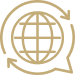 A circular emblem with a globe design in the center, surrounded by a decorative border.