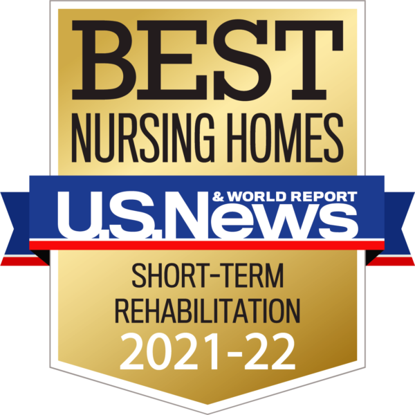 Badge highlighting Bella Terra Schaumburg as one of the best nursing homes for short-term rehabilitation in 2021-22, featuring logos from U.S. News & World Report.